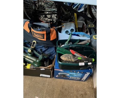 4 boxes and 3 bags of various garageware and mixed tools to include decorator's tools together with a green painter set of sc