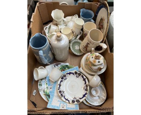 A box of mixed pottery including limited edition Wedgwood collectors plates with certificates, jasper ware, Victorian mug etc