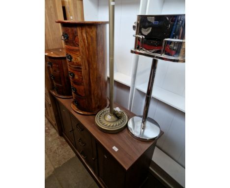 A sideboard, a Tiffany style standard lamp and a Marquis chrome ice bucket/wine cooler by Waterford. 