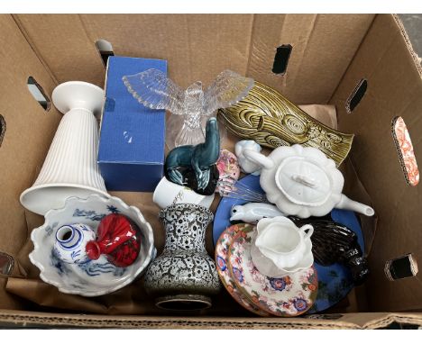 Collectables including Shelley teapot with milk jug and sugar basin, Watcombe Kingfisher plate, Sylvac, Stuart crystal, Wedgw