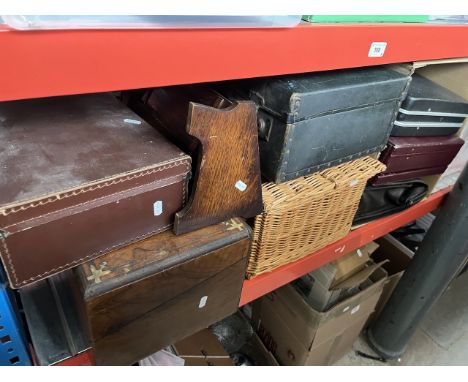 Assorted boxes and cases including a walnut writing slope, a bookstand, a picnic basket, three vintage cases. 