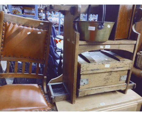 A mixed lot comprising pine hall seat, brass jam pan, vintage rocking chair, a pine box and an oak box. 