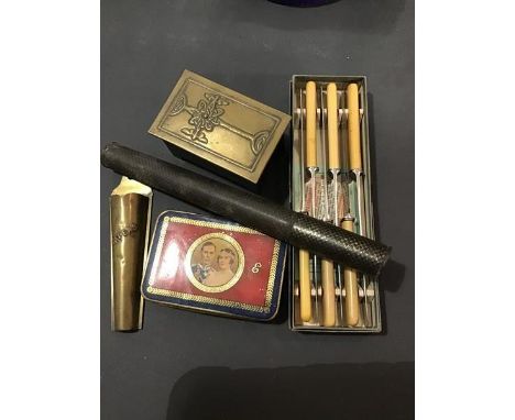 A mixed lot including an Art Nouveau style brass box in the form of a blanket box with Celtic style cross to lid, a Glasgow C