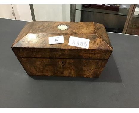 A 19thc walnut sarcophagus shaped tea caddy with twin compartments (missing one lid)