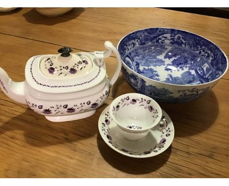 An early 19thc English pottery floral decorated teapot, cup and saucer (a/f), together with a Copeland Spode Italian pattern 