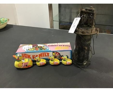 A Duck Family Funny Action clockwork toy together with a vintage ship's horn (2)
