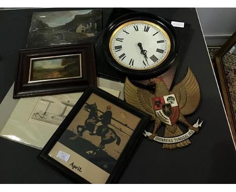A mixed lot of paintings, prints etc. including a Landscape on panel, a Wooded Path, a metal Coat of Arms etc. (a lot)