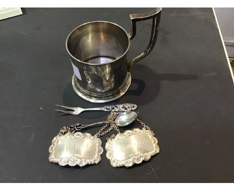 A pair of hallmarked silver Port and Sherry decanter labels together with a decorative coffee spoon, a Continental silver pla