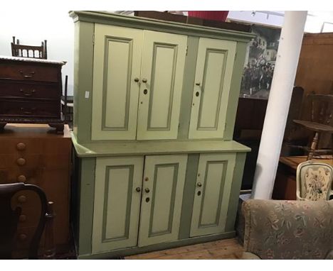 A Victorian Country House estate made painted kitchen dresser, both top and bottom fitted with three panel cupboard doors, wi