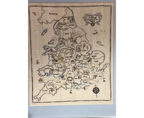 A hand embroidered panel, Map of England and Wales (excl. frame: 50cm x 42cm)