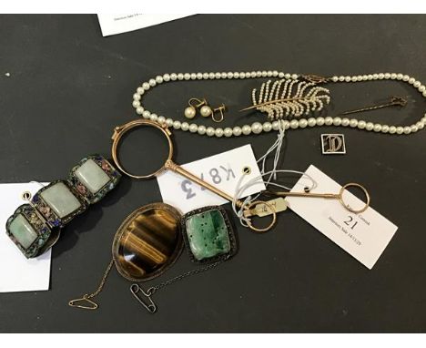 A mixed lot of jewellery including a square white metal brooch with carved jade insert, a Chinese bangle, an oval 19thc brooc