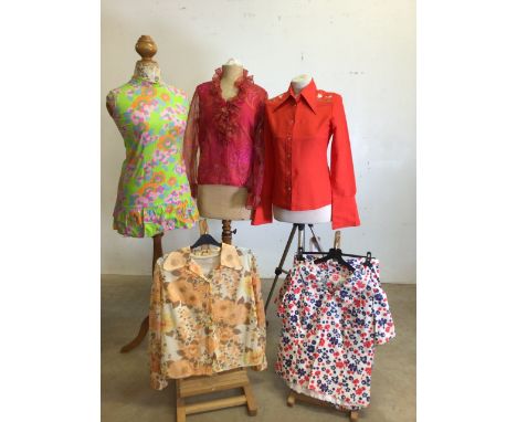 Blouses and tops from the 1970s includes lime green retro floral print top with ruffled hem and a Lisa Jane embroidered yoke 