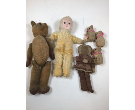 A mohair doll with painted fabric face (possibly Chad Valley) together with a well loved teddy bear and other items H:37cm He