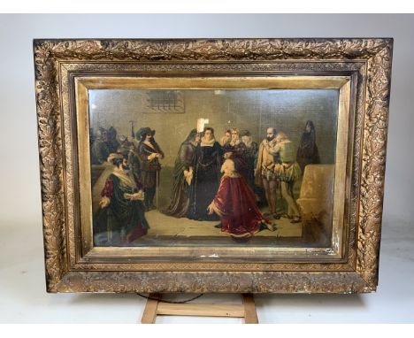 A large coloured oleograph in gilt gesso antique frame decorated with oak leaves and acorns. W:100cm x H:75cm