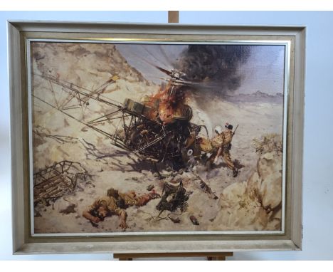A framed canvas print of a military scene by Terence Cuneo with a printed signature dated March 1968W:74cm x H:58cm