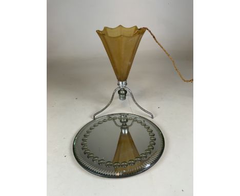 A 1930s lamp with opaque glass also with an early 20th century circular miror.  Lamp H:28cm.                                 