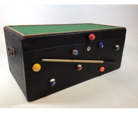 A novelty trunk decorated with pool balls and cue and other pool related itemsW:76cm x D:38cm x H:33cm