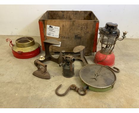 A Tiley lamp with original glass shade also with a Desho heater a quantity of metalware to include shoe lasts, slaters scales