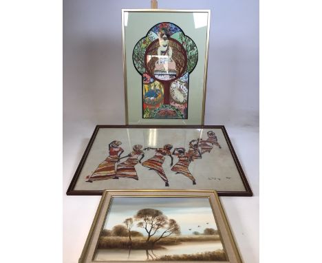 A decorative watercolour and pen painting of the tree of life with Buddha together with a batik style print of an African lad