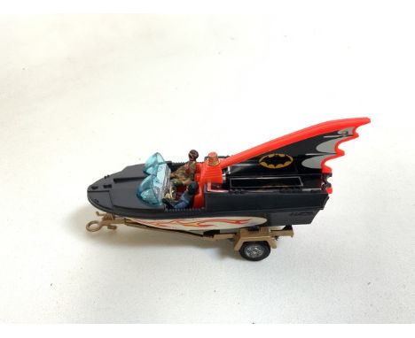 Vintage No.107 Corgi Batman Batboat with trailer. Tin Fin edition with extra coupling for Batmobile model, and Batman and Rob
