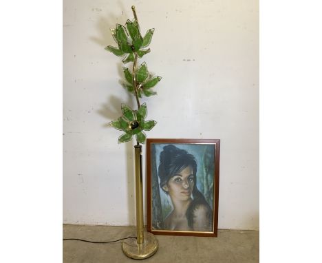 An ornate mid century standard lamp with three shades also with a print of a pretty lady.Lamp height H:184cm