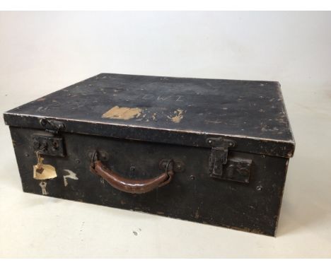 A  metal suit case with leather handle and keys together with other items, including a bowler hat by Hawkes and co, Steiff Cl
