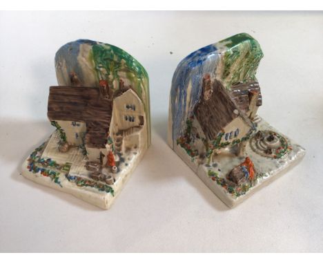 Clarice Cliff. A pair of Cottage novelty book ends. Back stamp Bizarre by Clarice Cliff Wilkinson Ltd. Hand decorated with De