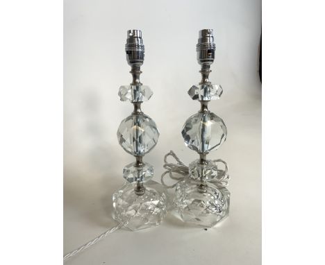 A harlequin pair of mid century cut crystal lamp bases, refurbished and rewired H:33cm
