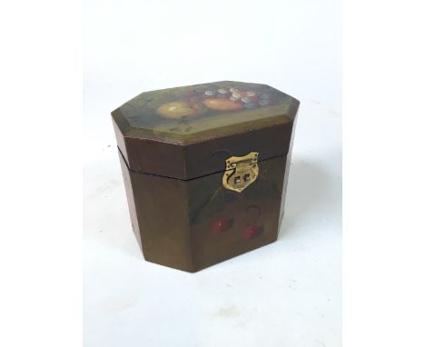 Decorated tea caddy with hand-painted still life.  