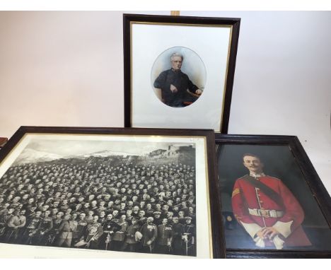A contemporary painted military portrait on ceramic of Surgeon-General John Robert Theobalds, Madras Army with six photograph