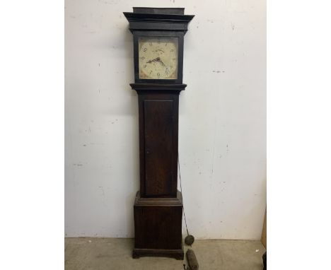 An early oak long case clock with pendulum and one weight. W:40cm x D:22cm x H:194cm