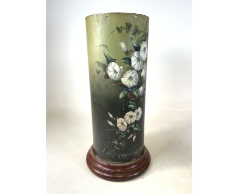 Decorative hall stand, with hand-painted decorative cylinder over wooden stand with five stick recess. W:30cm x D:30cm x H:68