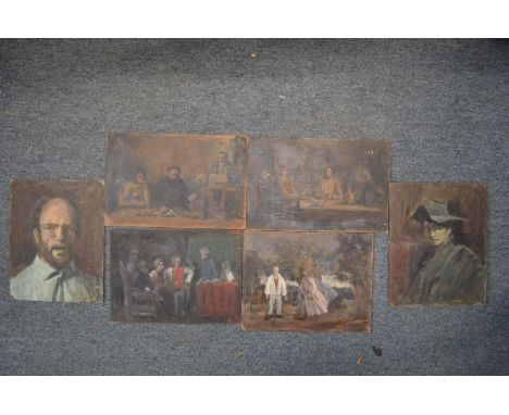 George Weissbort, portrait of a man wearing a broad brimmed hat, oil on board, unframed and five others.
