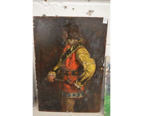 George Weissbort, portrait of a man wearing a crimson coat drawing a dagger from its sheath, oil on board, unframed.