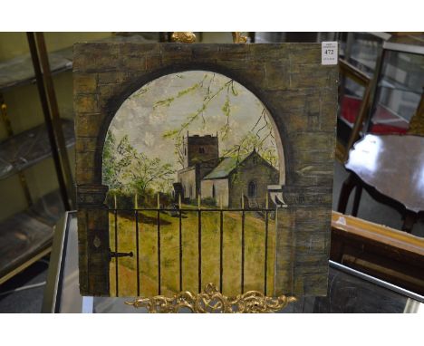 Scene of a church through a wrought iron gate, oil on board, unframed.