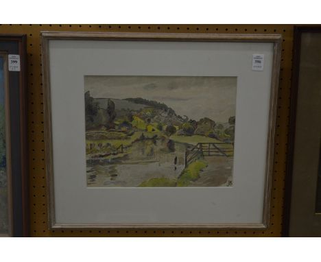 Rural scene with river and five bar gate, watercolour.