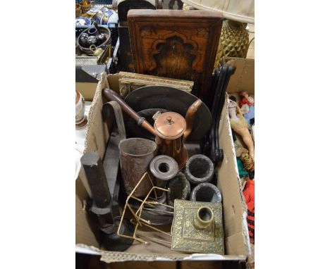 Decorative items to include cast brass candlestick, a bird scarer/football rattle, pewter dish etc.