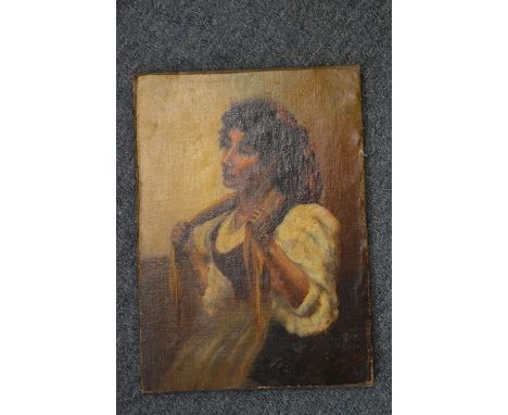 Seated female figure holding a scarf around her neck, oil on canvas, unframed.