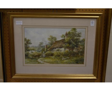 Rural scene with a country cottage, female figure by a gate, watercolour, monogrammed.