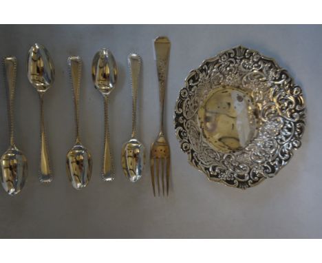 A London hallmarked silver bonbon bowl together with various hallmarked silver flatware.