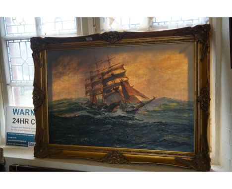 A modern oil on canvas depicting a masted ship in seascape.