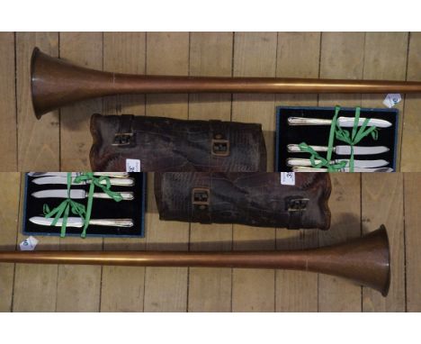 A set of bowles, a copper hunting horn etc.