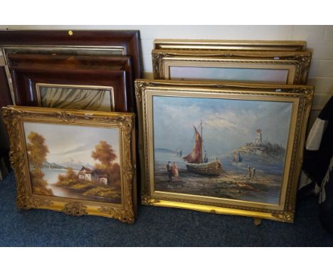 Three modern oils on canvas depicting French street scene, seascape, landscape, also a print (5).