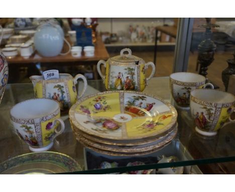 A 20th Century Dresden hand painted part service, comprising milk jug, twin handled sugar bowl, three cups, four plates.