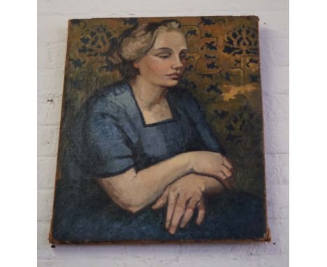 An unsigned oil on canvas depicting a portrait of a lady seated beside an Aesthetic movement style wallpaper.