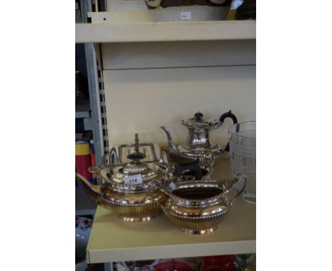 A mixed lot of assorted silver-plate to include a three piece tea service, entree dish, teapot.