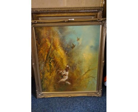 A mixed lot of assorted watercolours, oils and prints to include J. Berkeley Hewitt depicting a bird in a mountainous scene, 