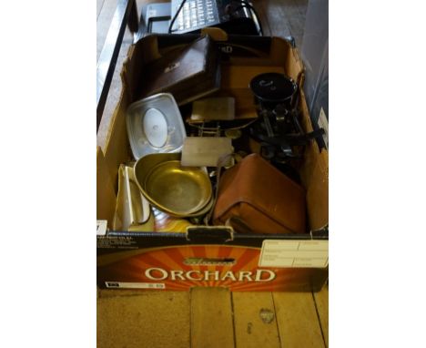 A mixed lot to include a set of Post Office scales and weights, a further set of scales, a box brownie camera etc.