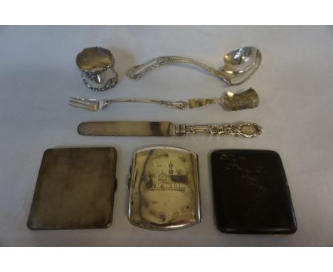 A mixed lot of assorted silver and white metal items to include a cigarette case, possibly Indian engraved with a temple, ste