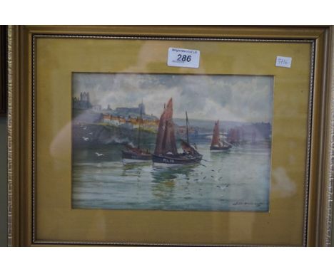 J.W. Williams watercolour depicting sailing vessels in seascape.